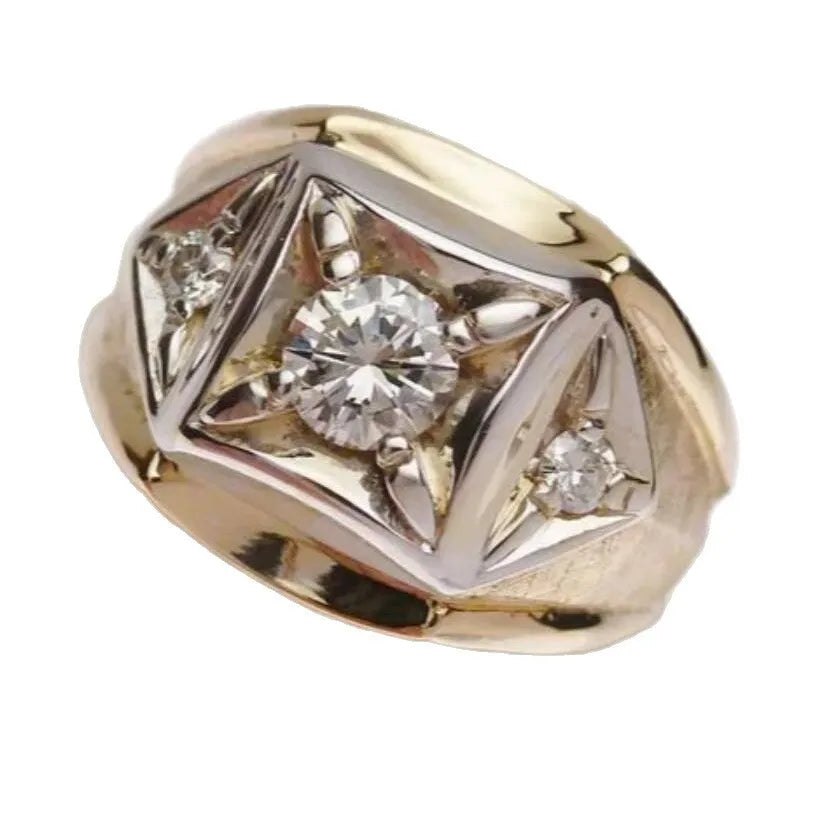 Geometric gold copper couple rings with wide face design and chamfered square pattern