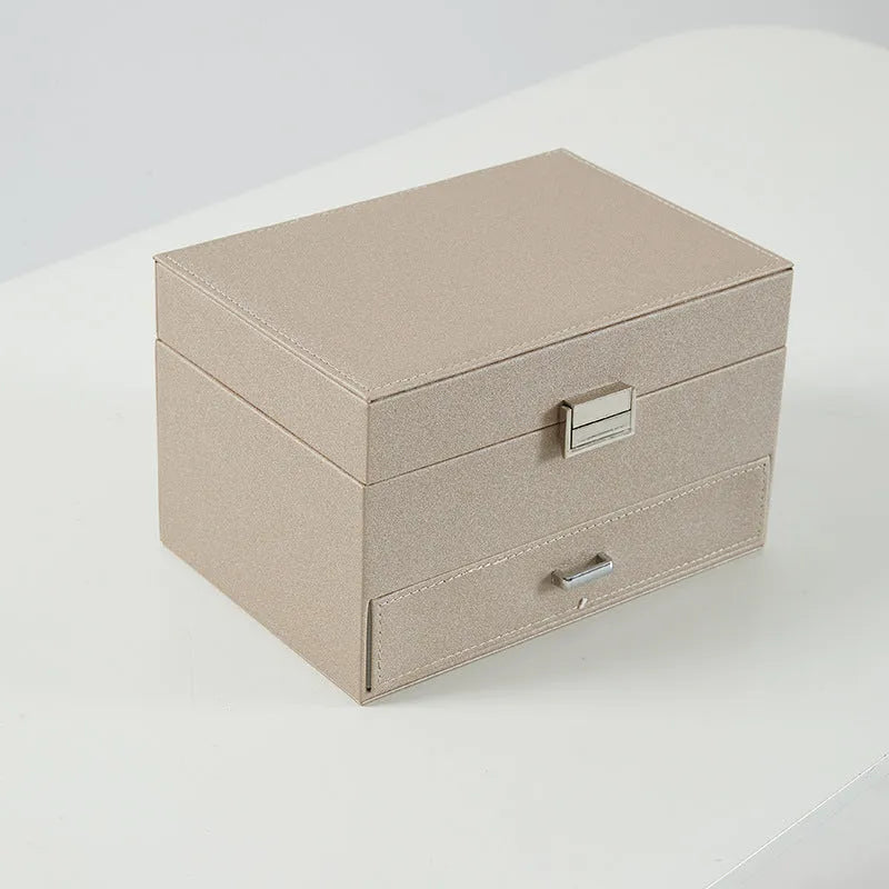 PU leather jewellery storage box in black, pink, rose gold, or beige with hard construction
