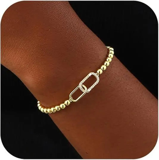 Adjustable stainless steel beaded bracelet with geometric shapes and round elements