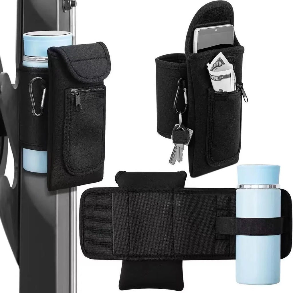 Fitness magnetic cup sleeve covering large sports water bottle with carabiner clip attachment