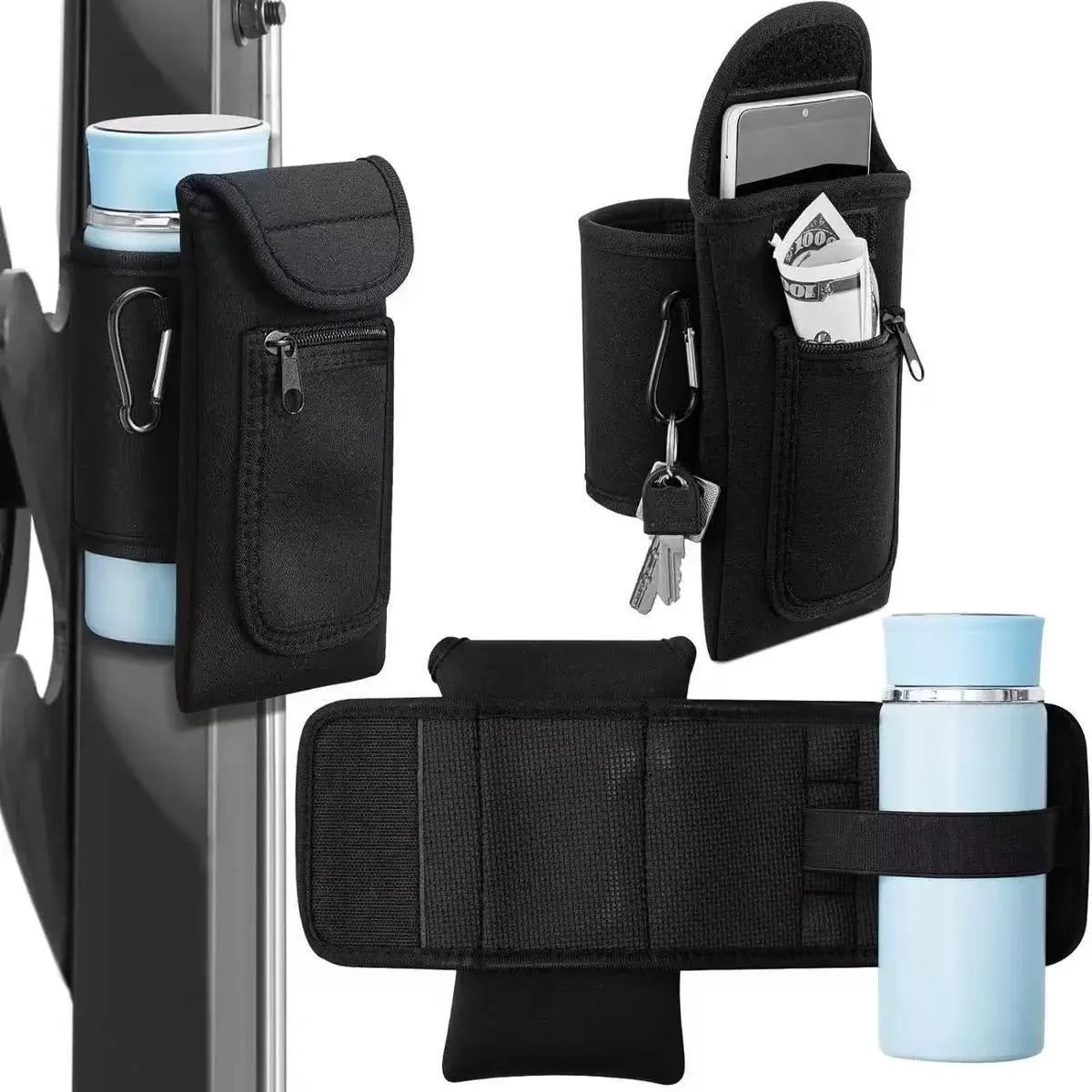 Fitness magnetic cup sleeve covering large sports water bottle with carabiner clip attachment