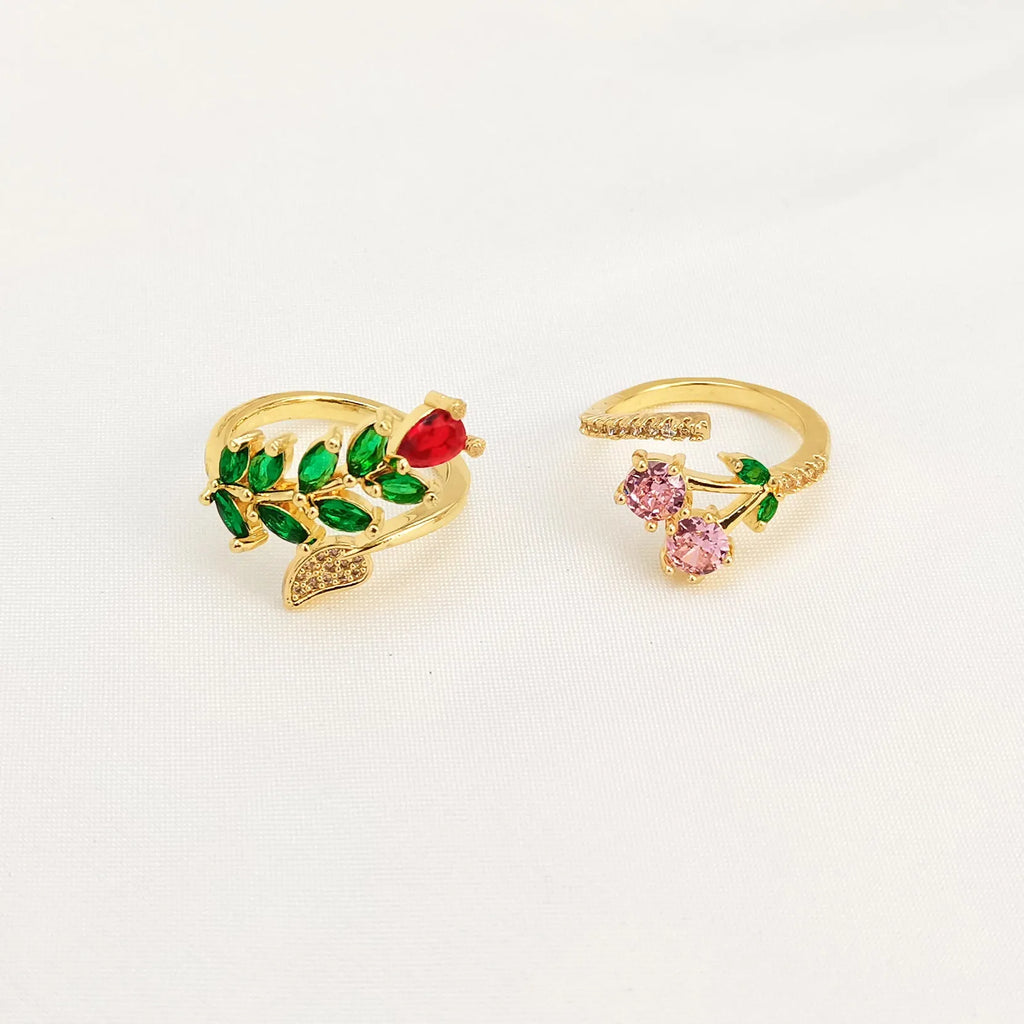 Copper geometric open ring with gold-plated zircon leaf design for women