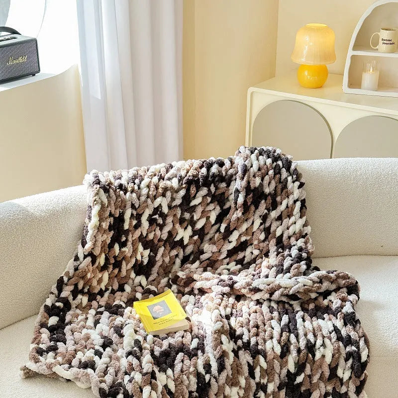 Handmade chenille striped blanket with ice bar dyed pattern in 130x170cm dimensions