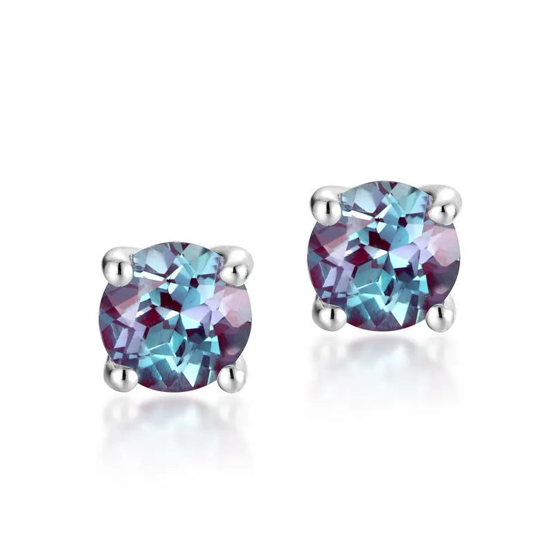 925 silver ear studs with cultivated Alexandrite stone in geometric round setting