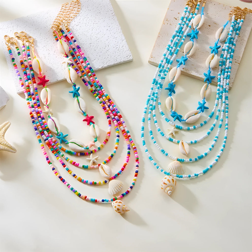 Multi-layer women's necklace with starfish shell pendants on adjustable bead chain