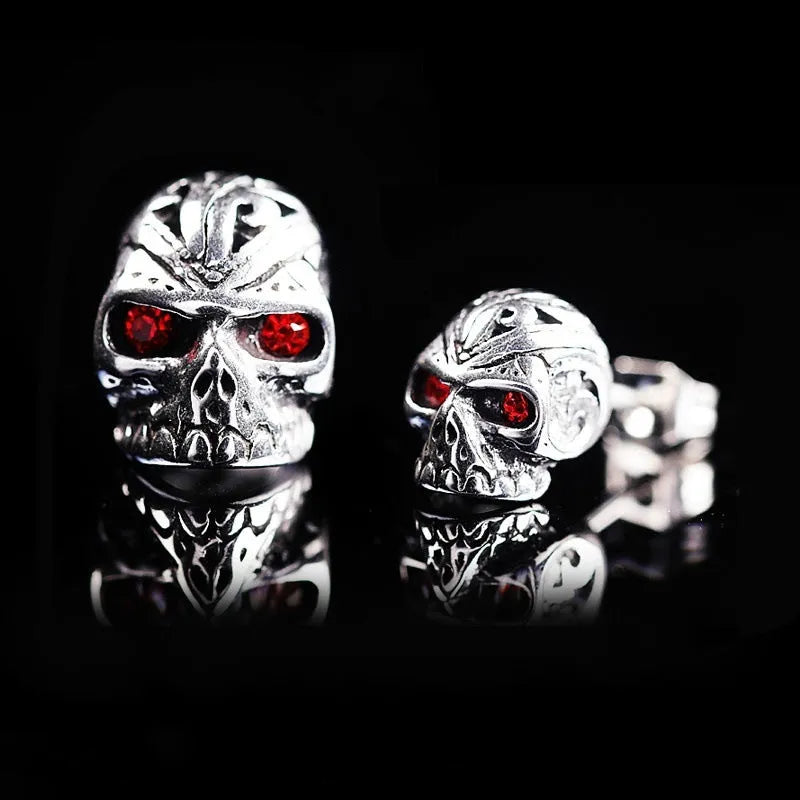 Retro red eye ghost head skull stud earrings with alloy construction and artificial gemstone inlay