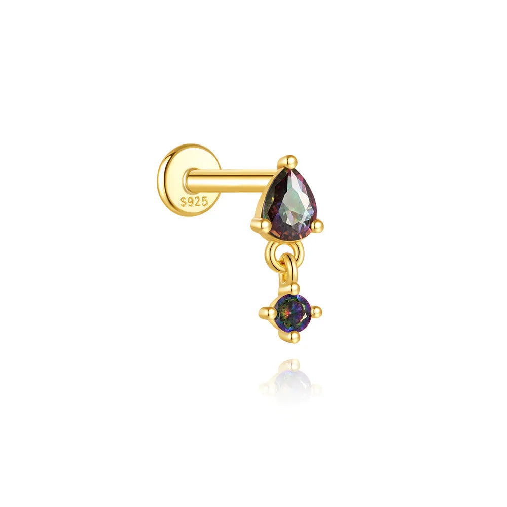 S925 sterling silver flat head thread piercing earring with a rainbow stone in a geometric shape.