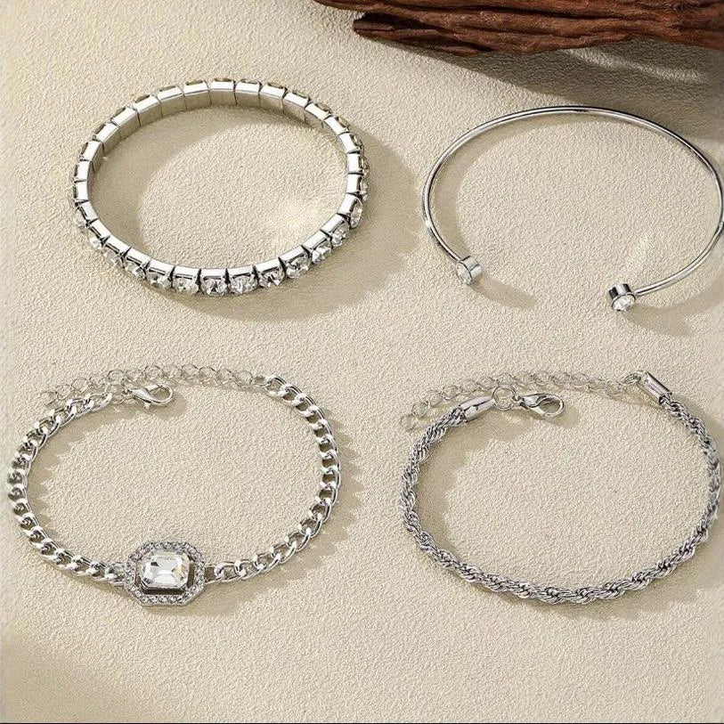 Retro geometric alloy bracelet four-piece set with square diamond pendant and metal chain