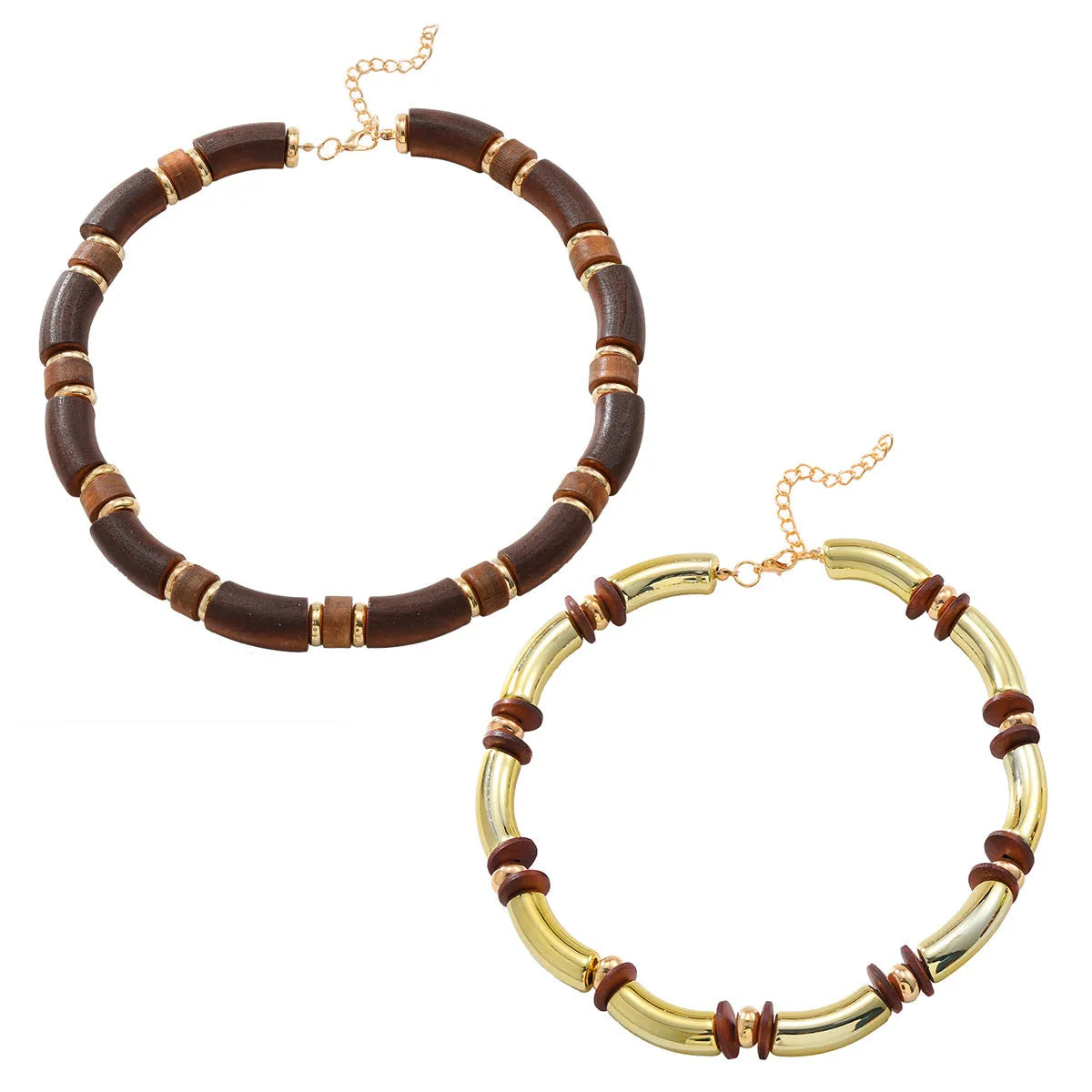 Women's multi-layer wooden necklace and bracelet set with alloy construction and circular design elements