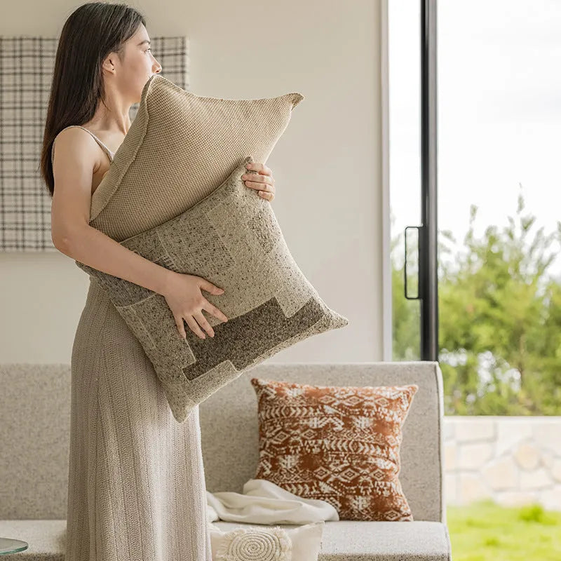 Solid colour PP cotton cushion in red brown or plain shades on a sofa, shown in 45cm square and 30x50cm rectangle sizes.
