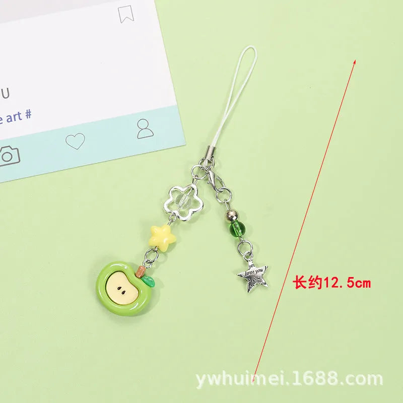Plastic resin mobile phone charm keychain with fruit patterns including apple and strawberry designs