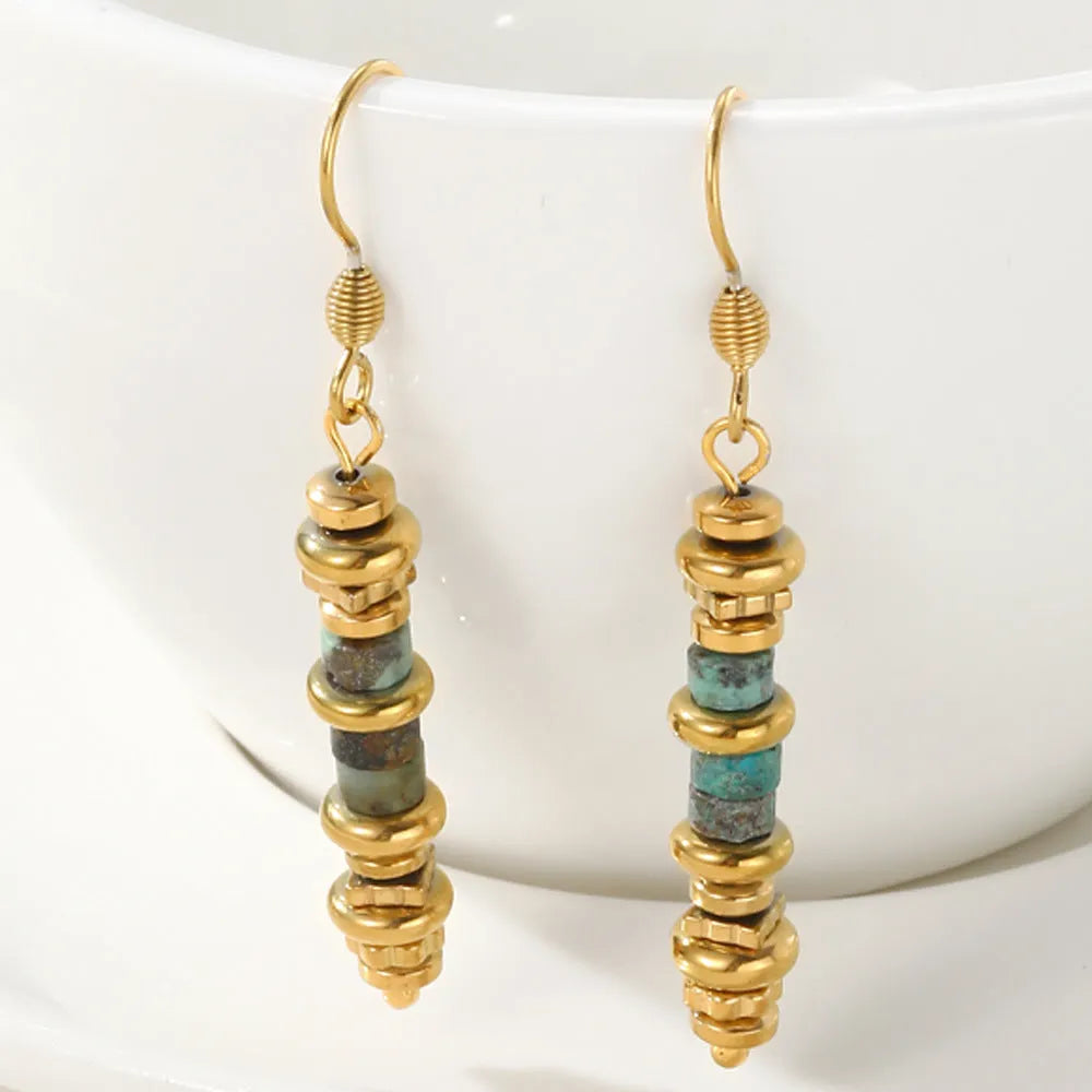 Geometric titanium steel dangle earrings with 18K gold plating in European retro style