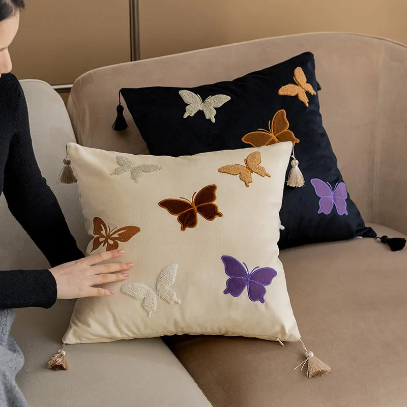 Square decorative cushion with butterfly embroidery in Chinese style, colours beige black purple, 45x45cm size.