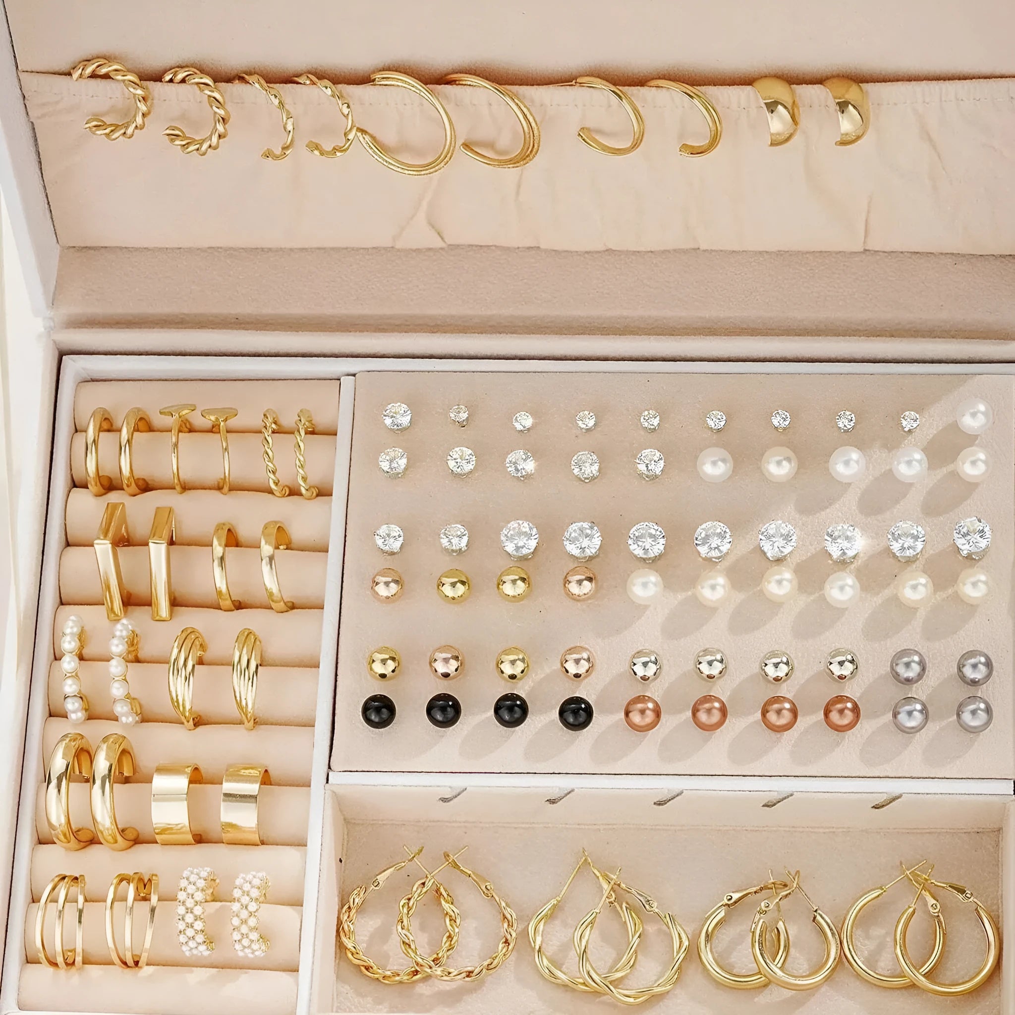 108 gold and yellow geometric alloy pearl earrings arranged in a set.