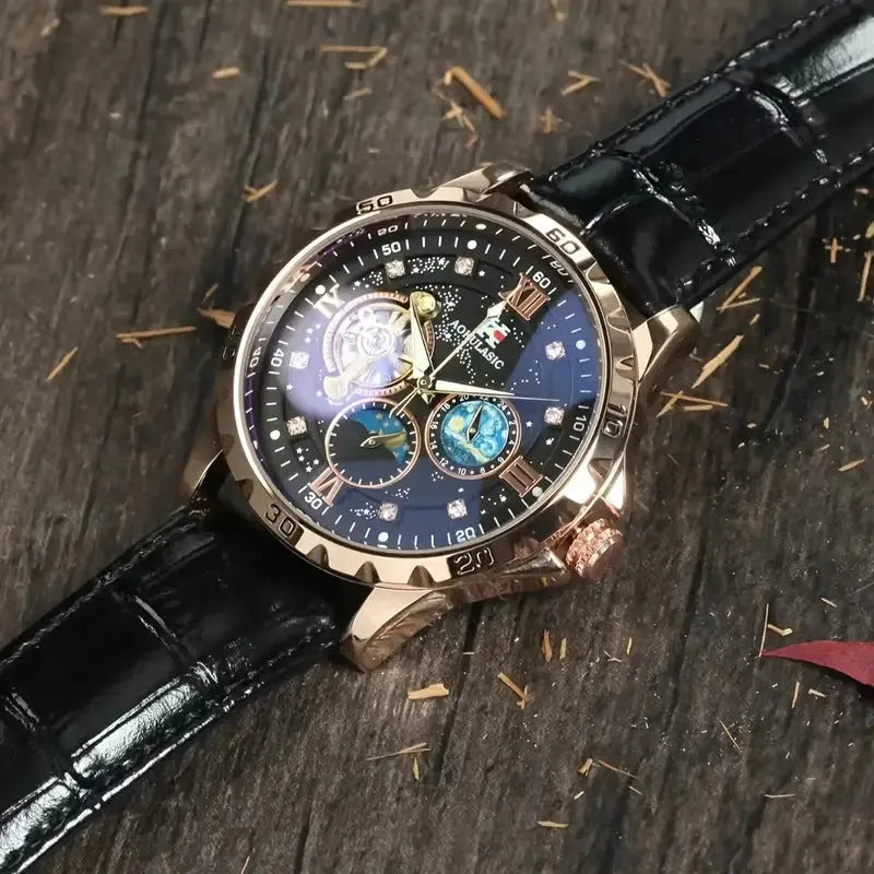 Men's black and rose gold automatic mechanical watch with hollow skeleton dial visible