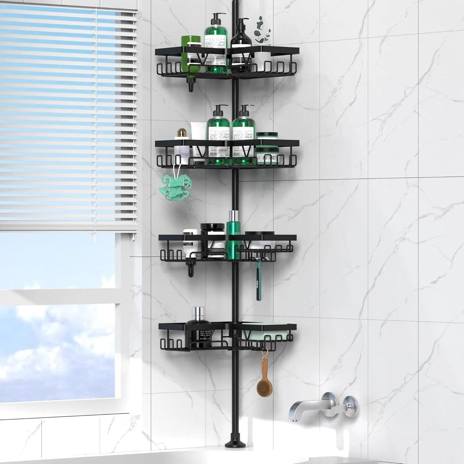 Retractable stainless steel bathroom storage rack with four layers and hole-free installation