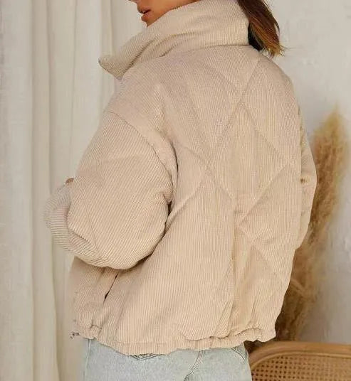 Women's apricot corduroy wadded jacket with stand collar and front zipper