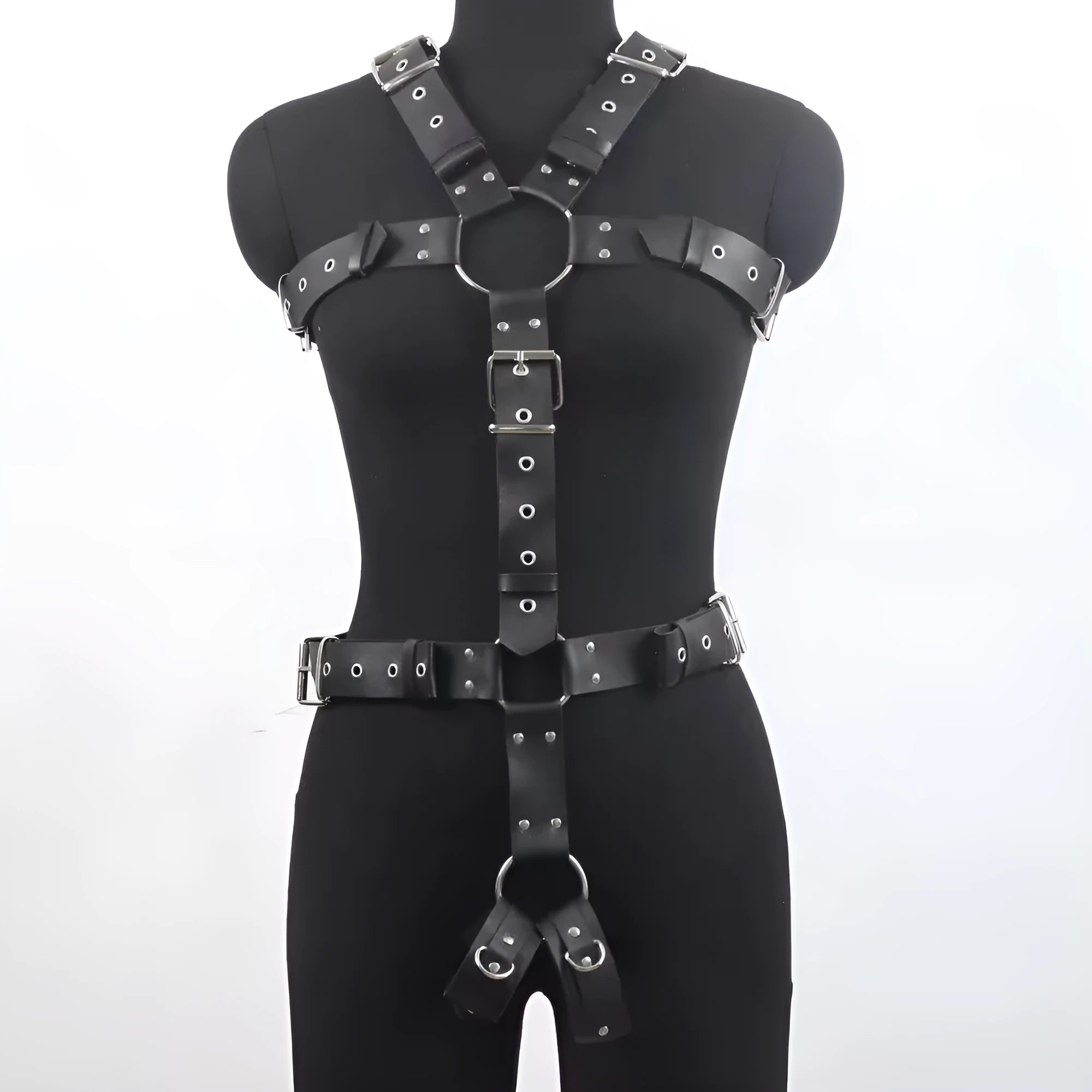 Black imitation leather corset belt with a slim profile and pin buckle fastening