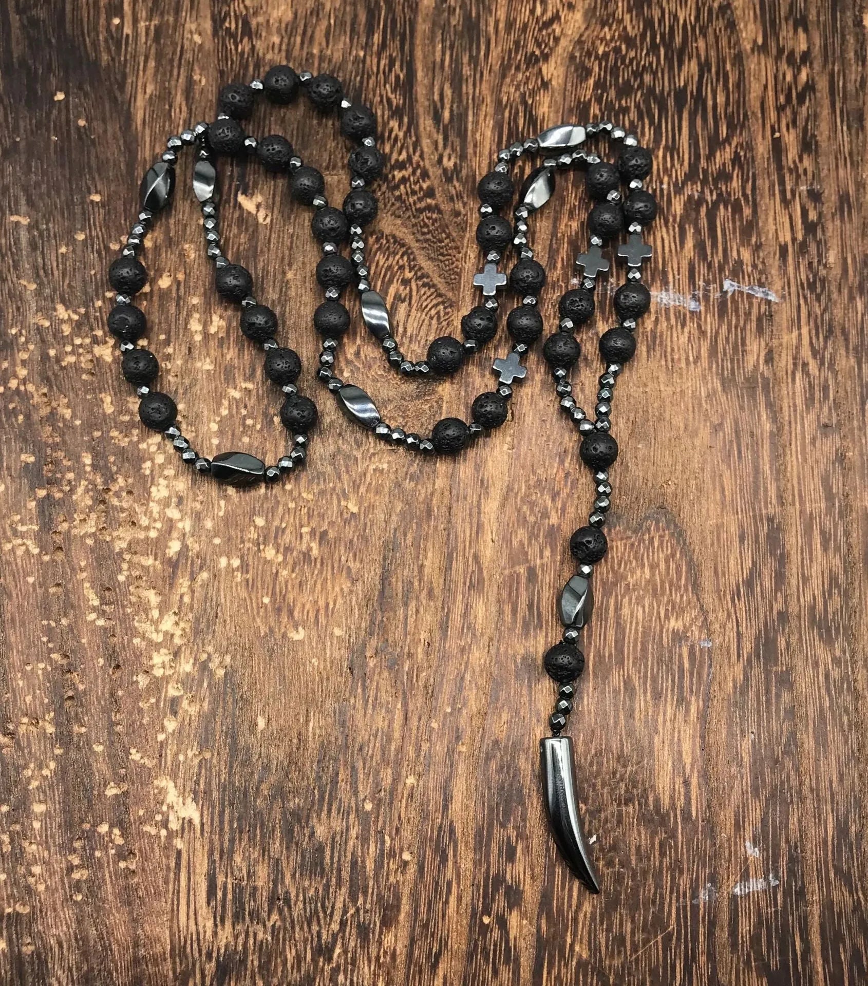 Men's stone cross pendant necklace on an 80cm ball bead chain with a safety lock.