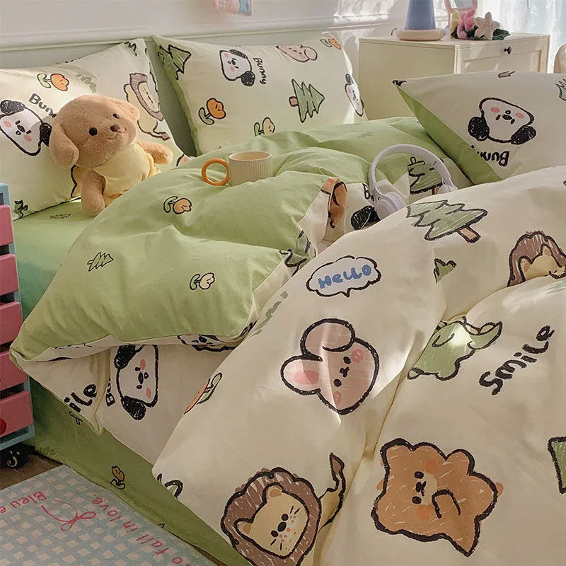 Cotton cartoon dog bedding four-piece set with reactive printed patterns for multiple bed sizes