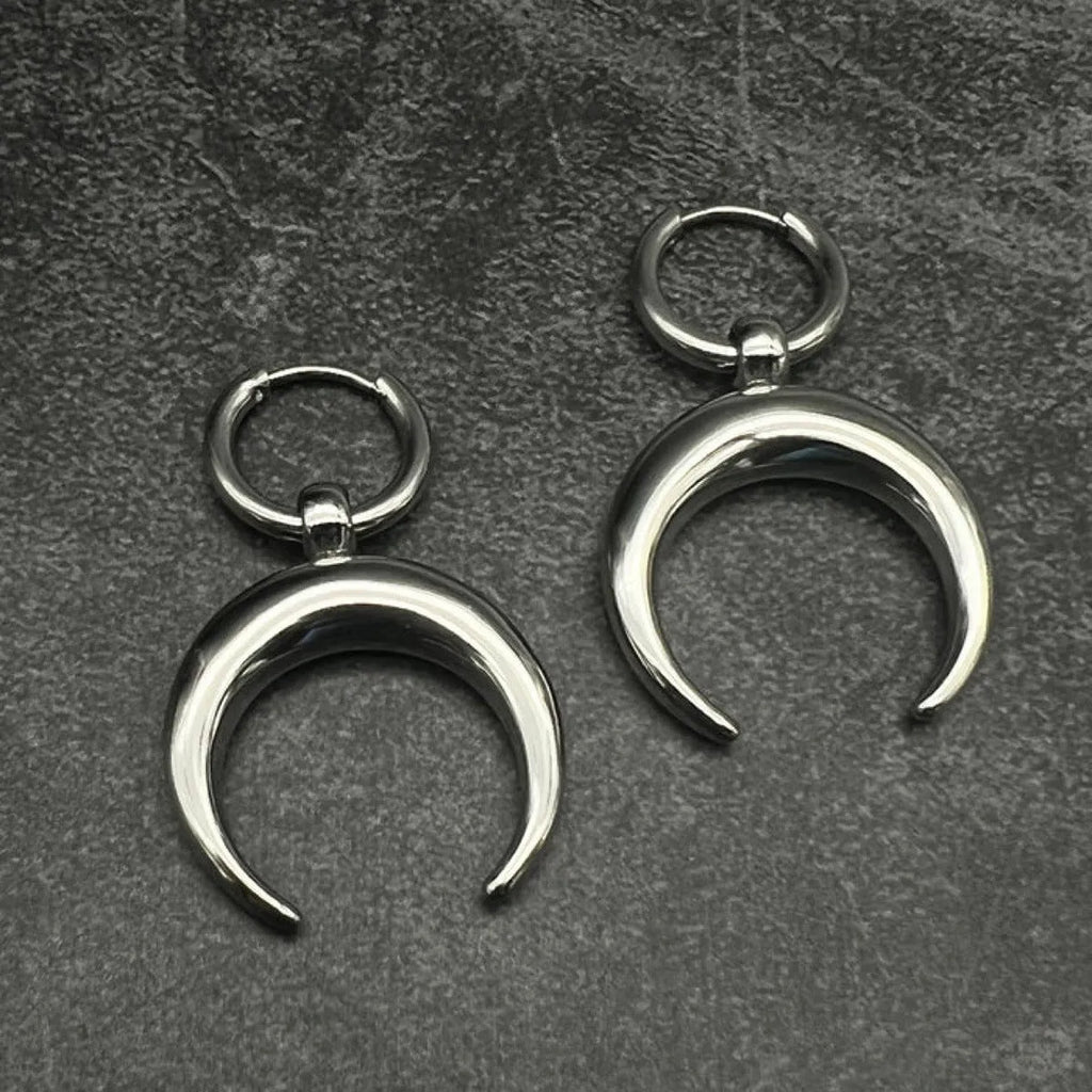 Silver geometric big hoop clip-on earrings with moon design in gothic punk style