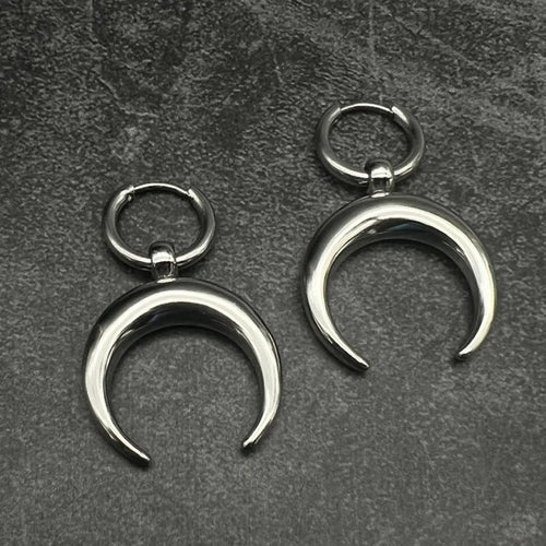 Silver geometric big hoop clip-on earrings with moon design in gothic punk style