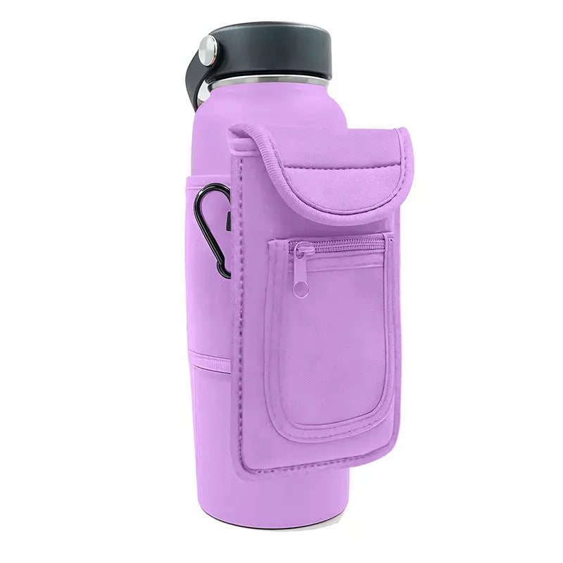Fitness magnetic cup sleeve covering large sports water bottle with carabiner clip attachment