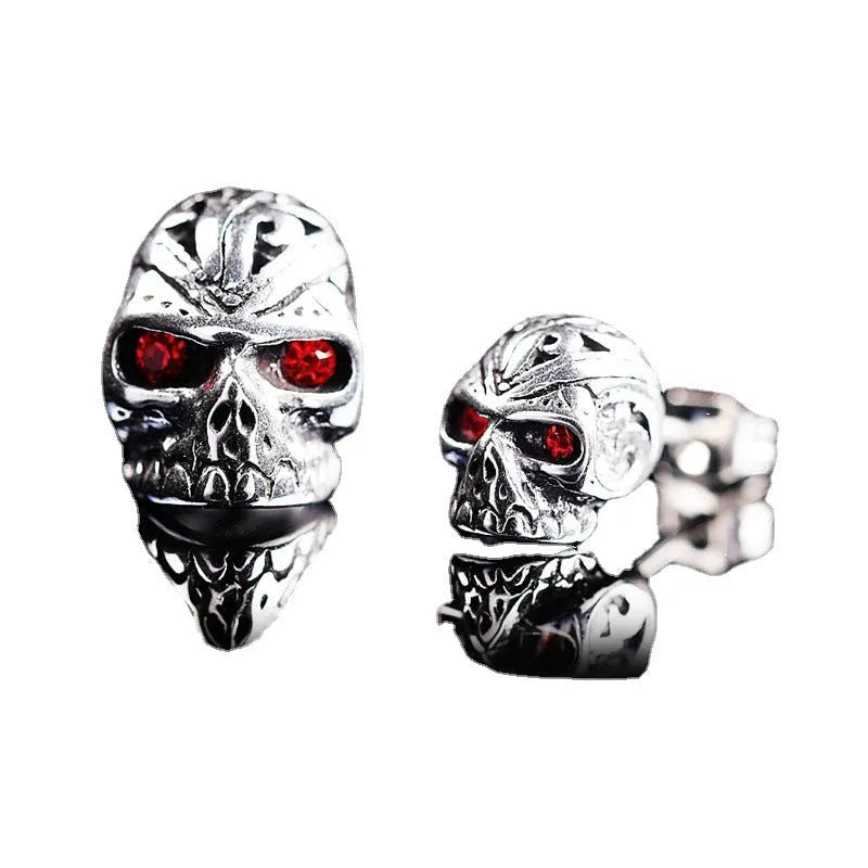 Retro red eye ghost head skull stud earrings with alloy construction and artificial gemstone inlay