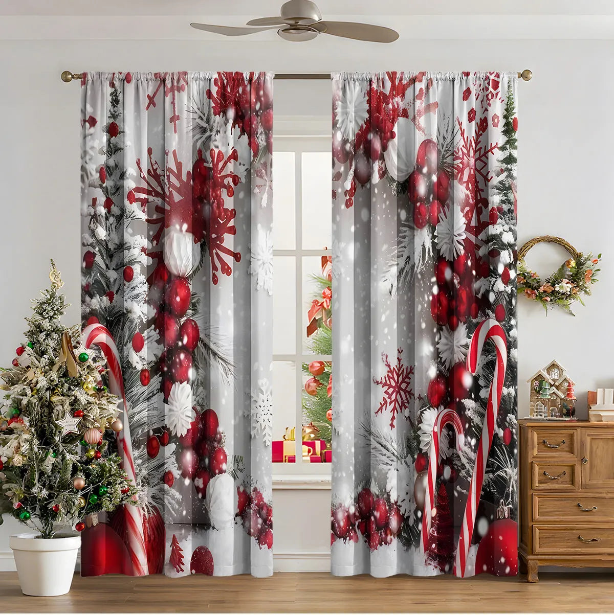 A pair of 3D digitally printed Christmas curtains with a modern festive pattern, hung on a window.