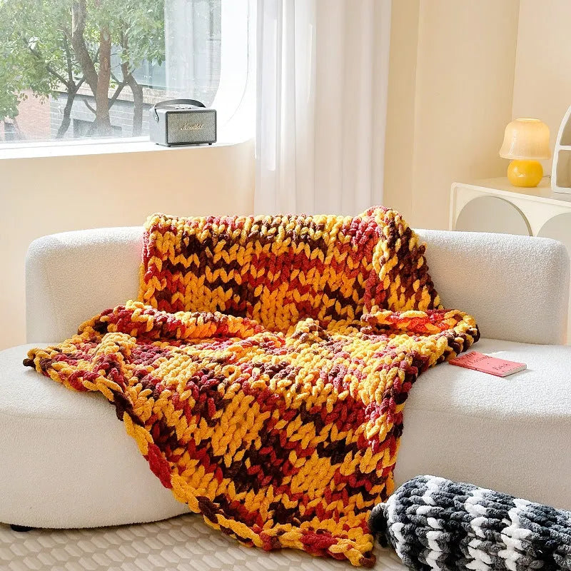 Handmade chenille striped blanket with ice bar dyed pattern in 130x170cm dimensions