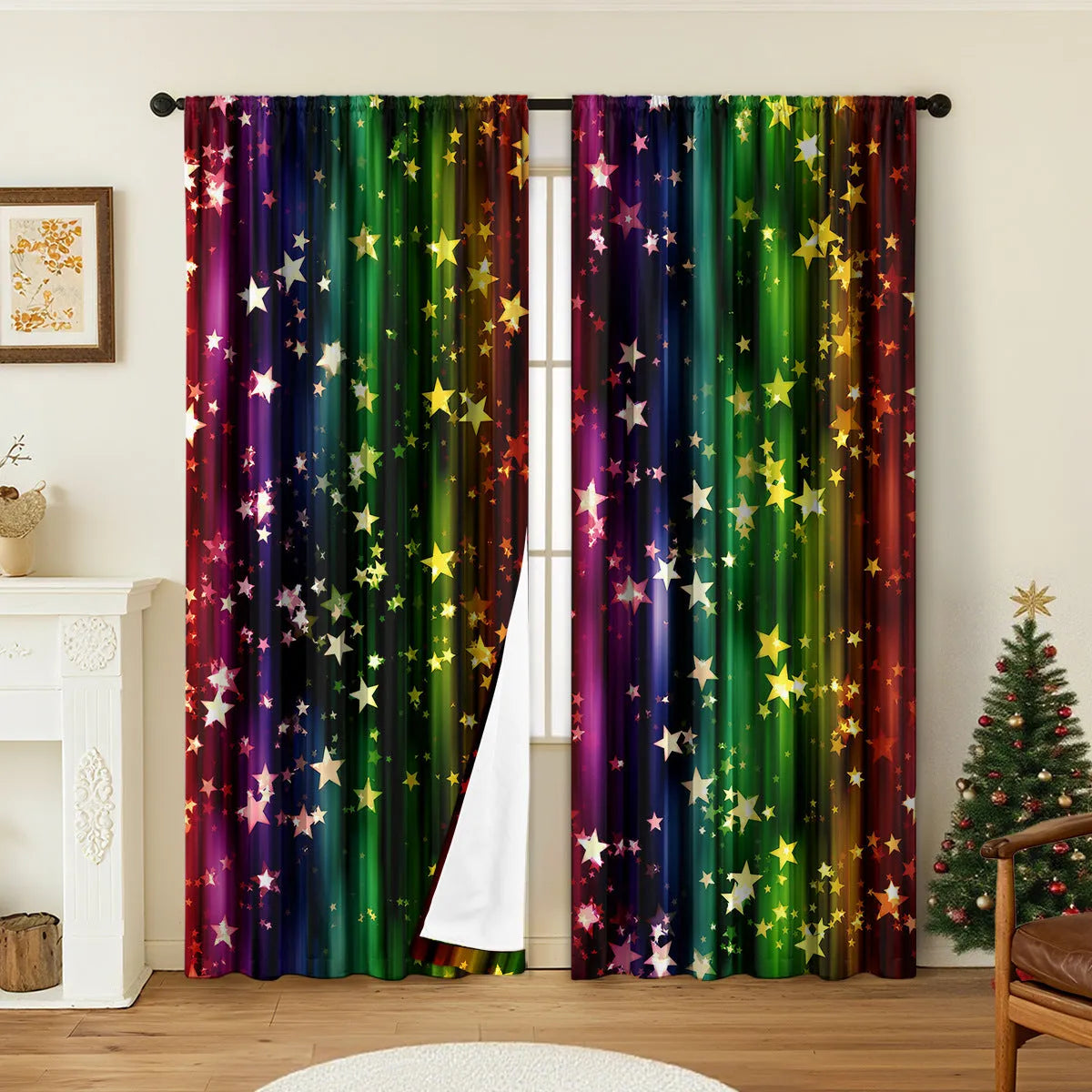 A pair of 3D digitally printed Christmas-themed curtains made from polyester fabric.