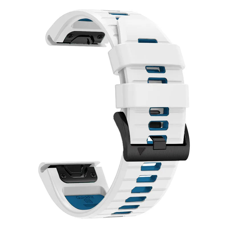 Two-tone quick release silicone watch strap for Garmin Fenix watches in 22mm and 26mm widths.