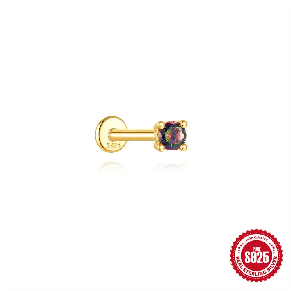 S925 sterling silver flat head thread piercing earring with a rainbow stone in a geometric shape.
