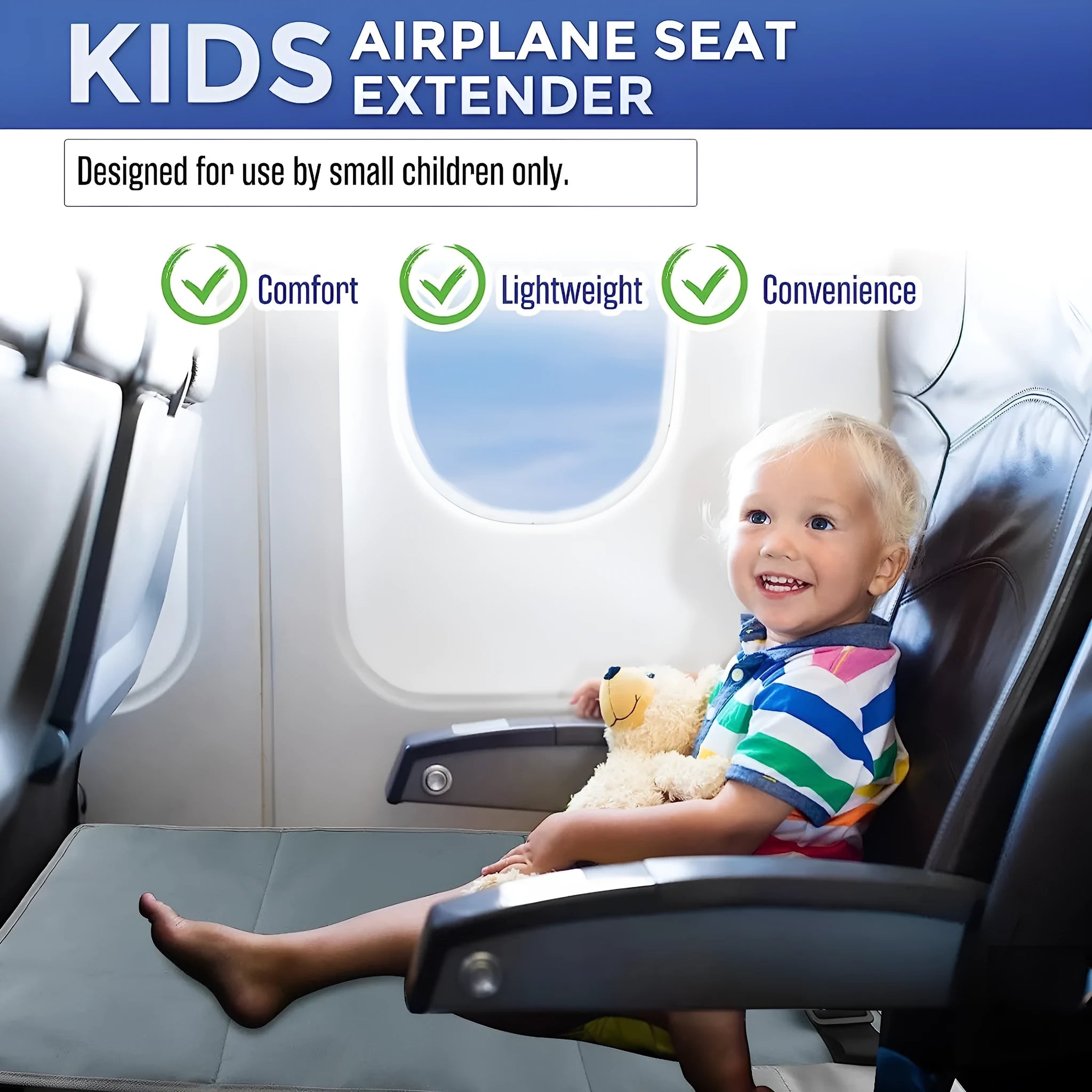 Portable children's aircraft pedal seat extender with drawstring storage pocket