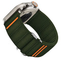 Elastic nylon Apple Watch replacement band with stainless steel buckle shown in multiple colour options.