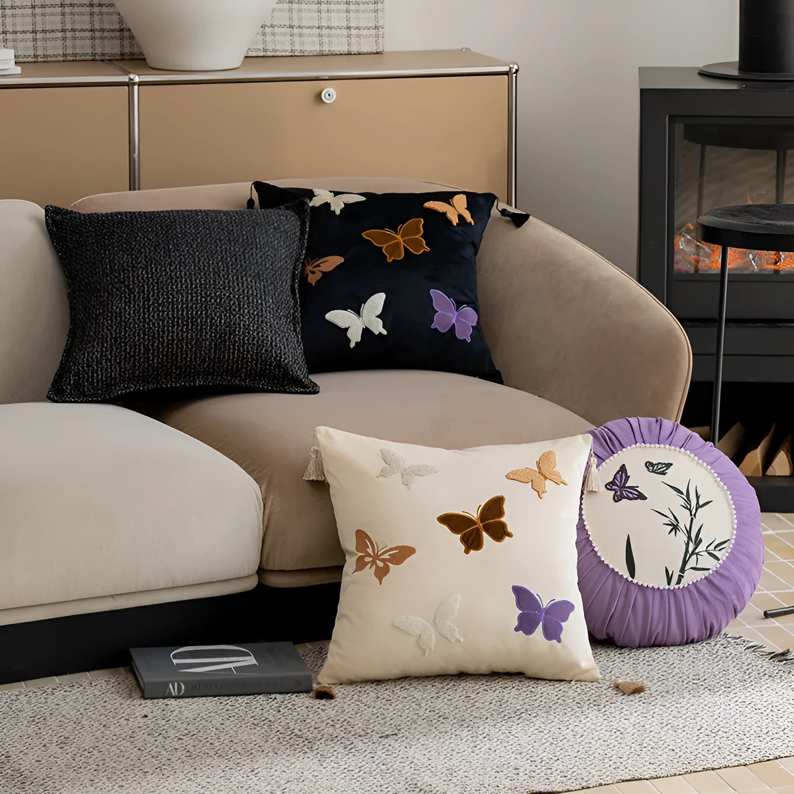 Square decorative cushion with butterfly embroidery in Chinese style, colours beige black purple, 45x45cm size.