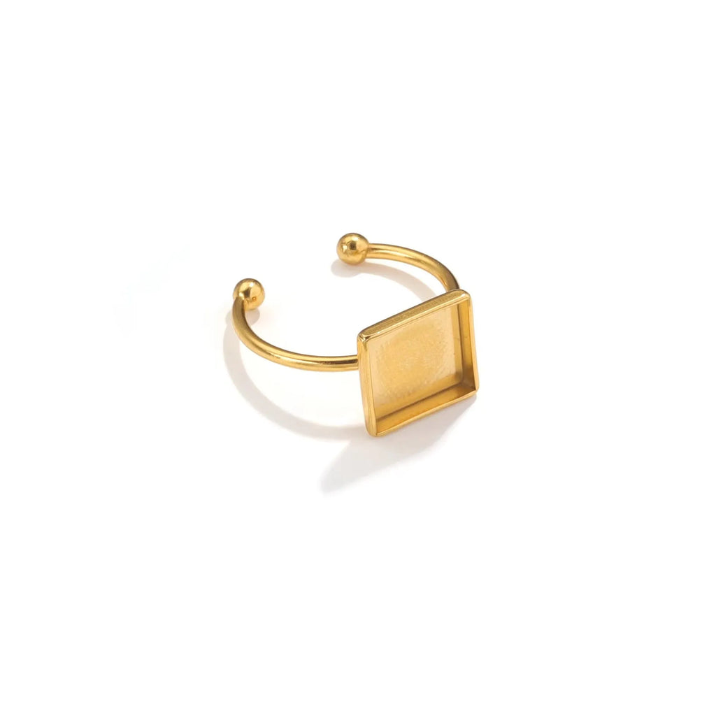 Golden electroplated stainless steel ring settings in various shapes with totem pattern texture and ring holder