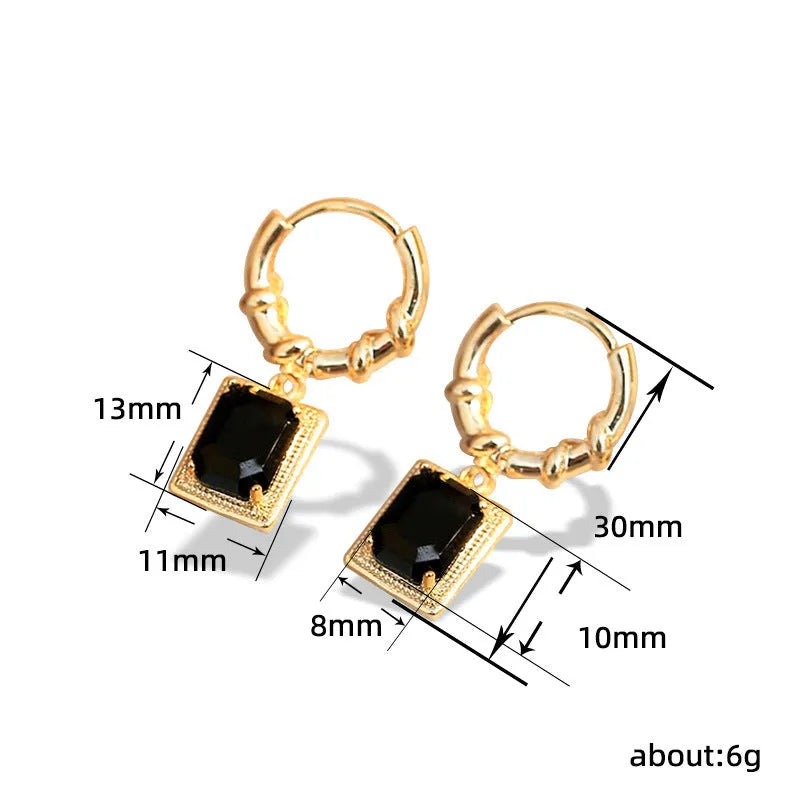 Geometric quadrilateral copper earrings with black zircon stones in French court retro style