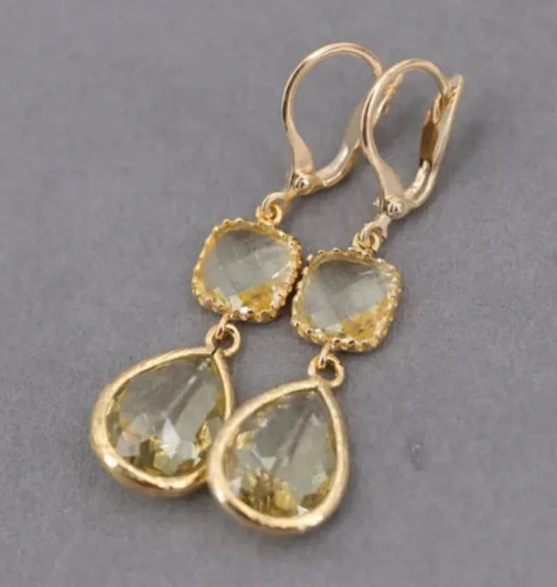 Gold geometric long fringe earrings with crystal water droplets on a retro copper base