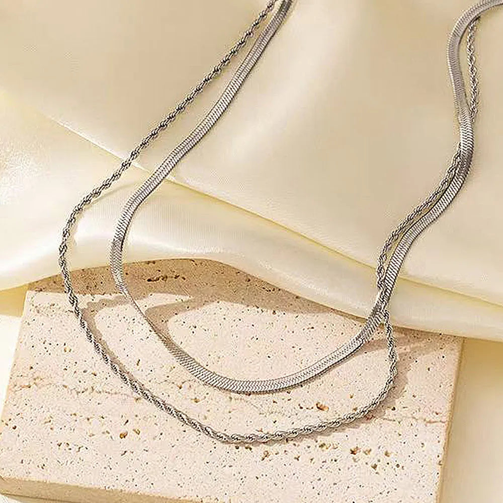 Retro geometric double-layer twist necklace with snake bones chain and adjustable length