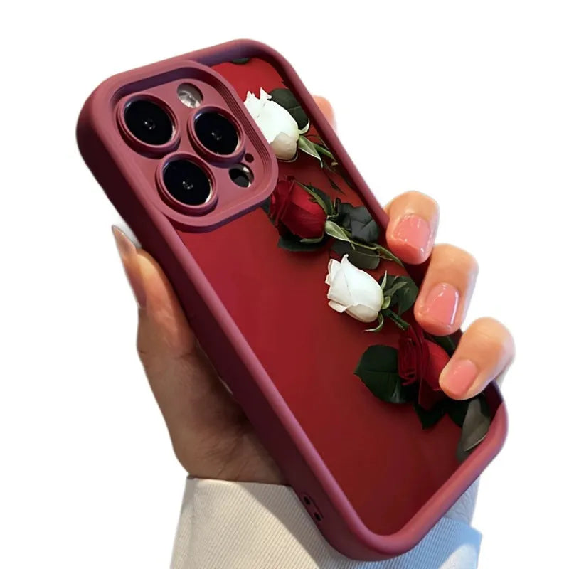 Wine red white rose printed TPU silicone phone case for Apple iPhone models