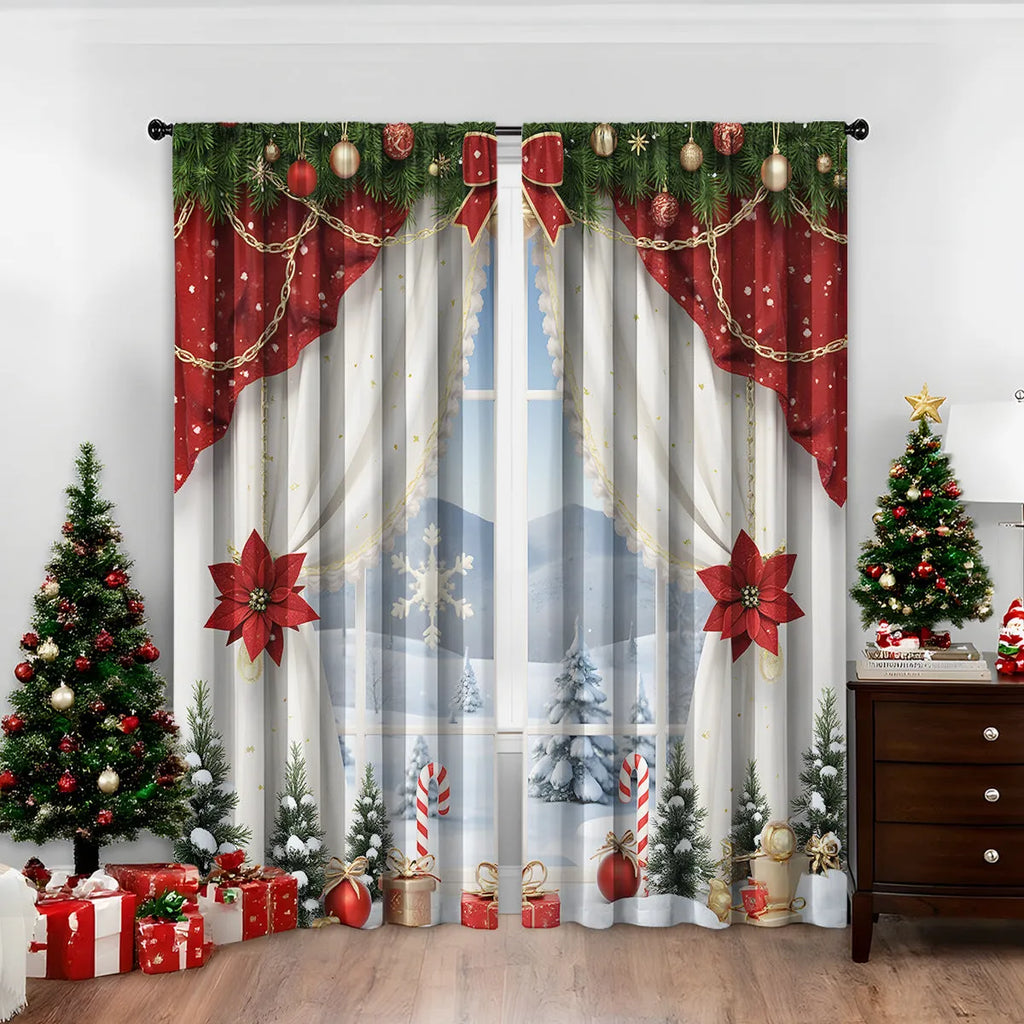 A pair of 3D digitally printed Christmas-themed curtains made from polyester fabric.