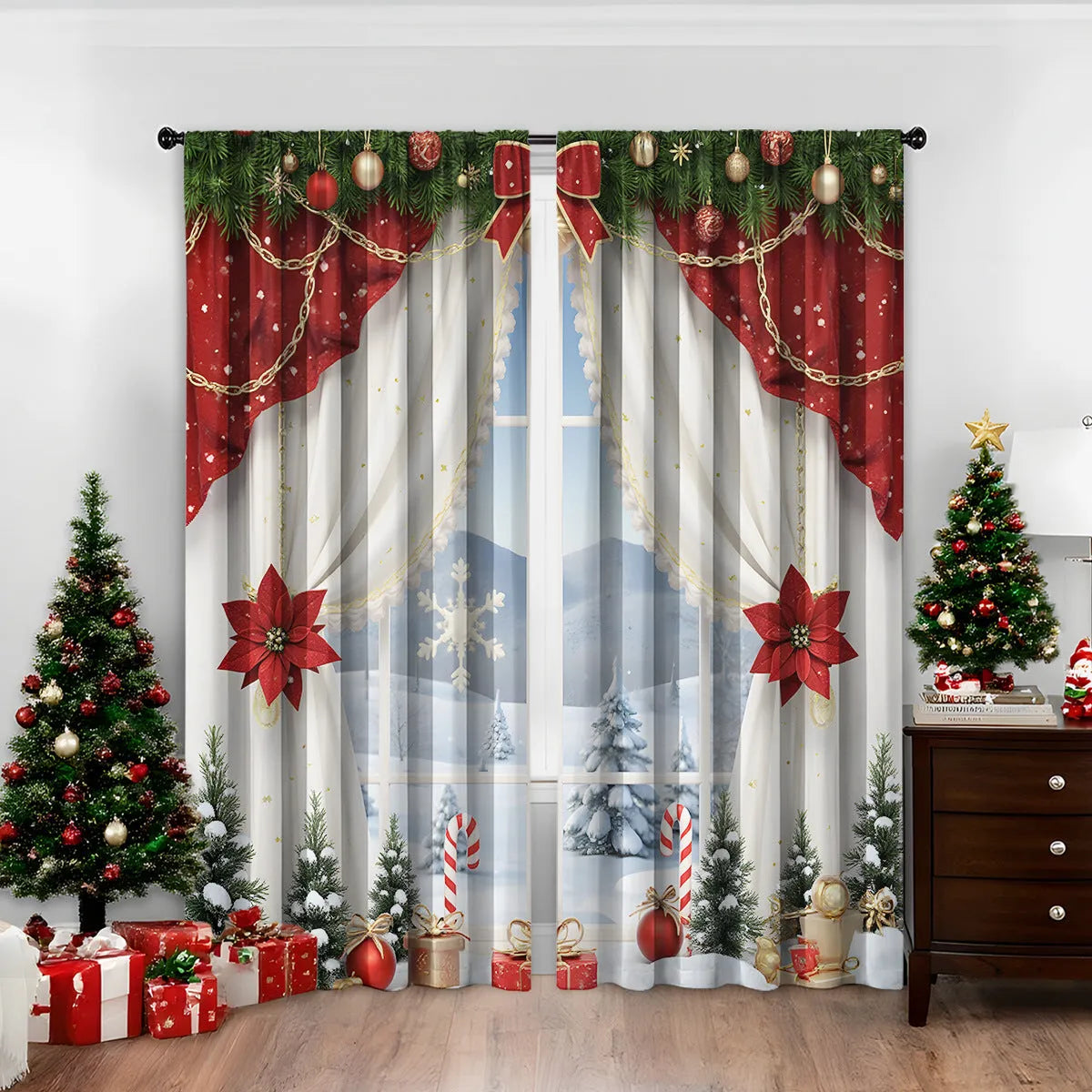 A pair of 3D digitally printed Christmas-themed curtains made from polyester fabric.