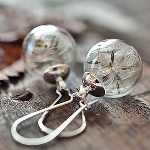 Transparent glass ball earrings with dandelion design and French hook options in silver and bronze finishes