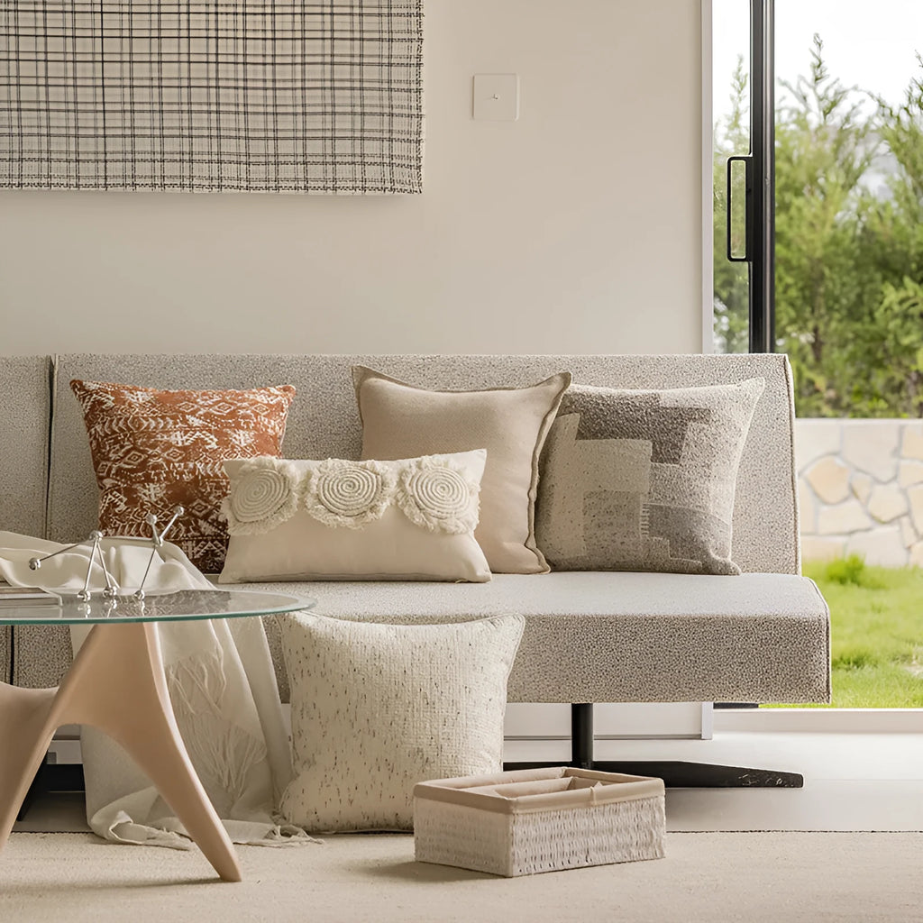 Solid colour PP cotton cushion in red brown or plain shades on a sofa, shown in 45cm square and 30x50cm rectangle sizes.