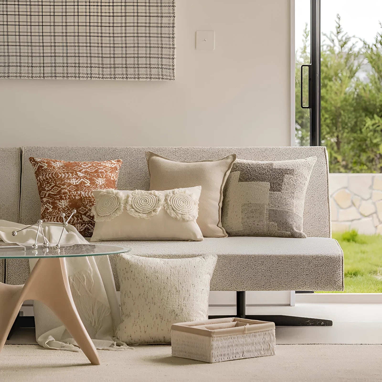 Solid colour PP cotton cushion in red brown or plain shades on a sofa, shown in 45cm square and 30x50cm rectangle sizes.