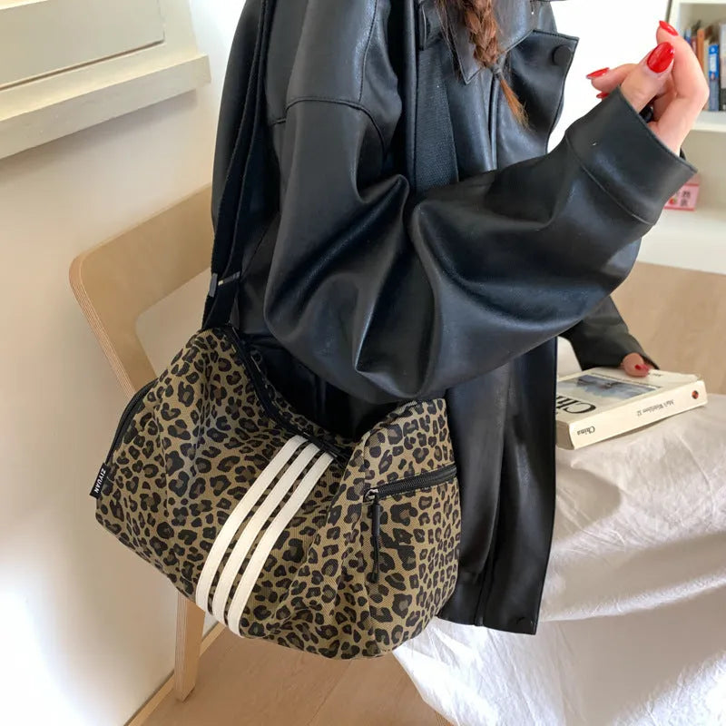 Leopard print shoulder messenger bag with stripe option and visible stitching details