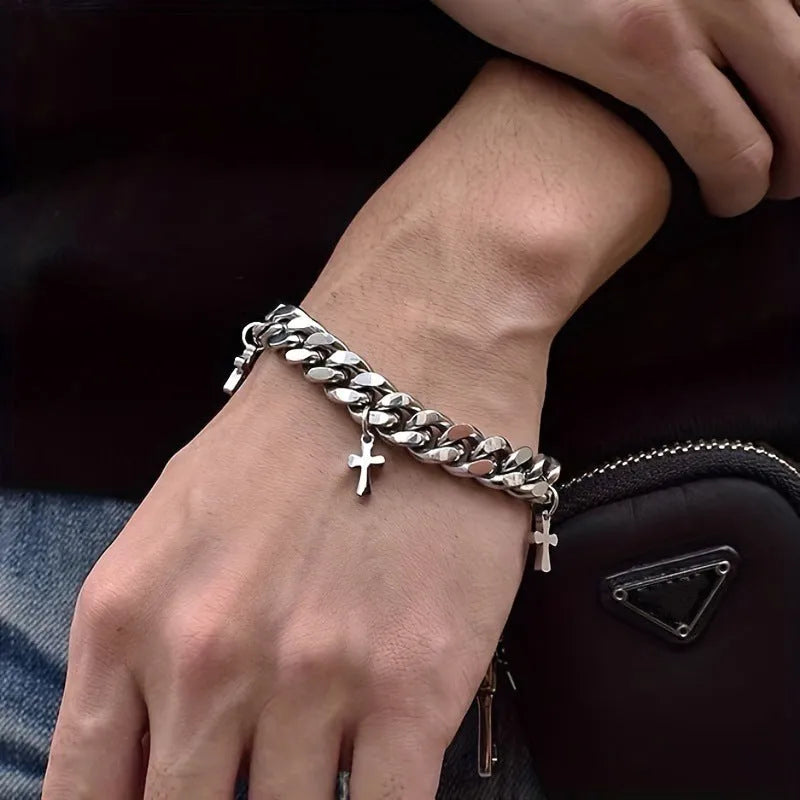 Men's titanium steel geometric cross bracelet in cold wind style
