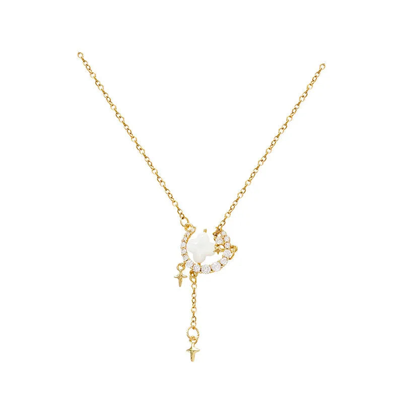 Gold star and moon pendant necklace with zirconium crystal on adjustable copper chain