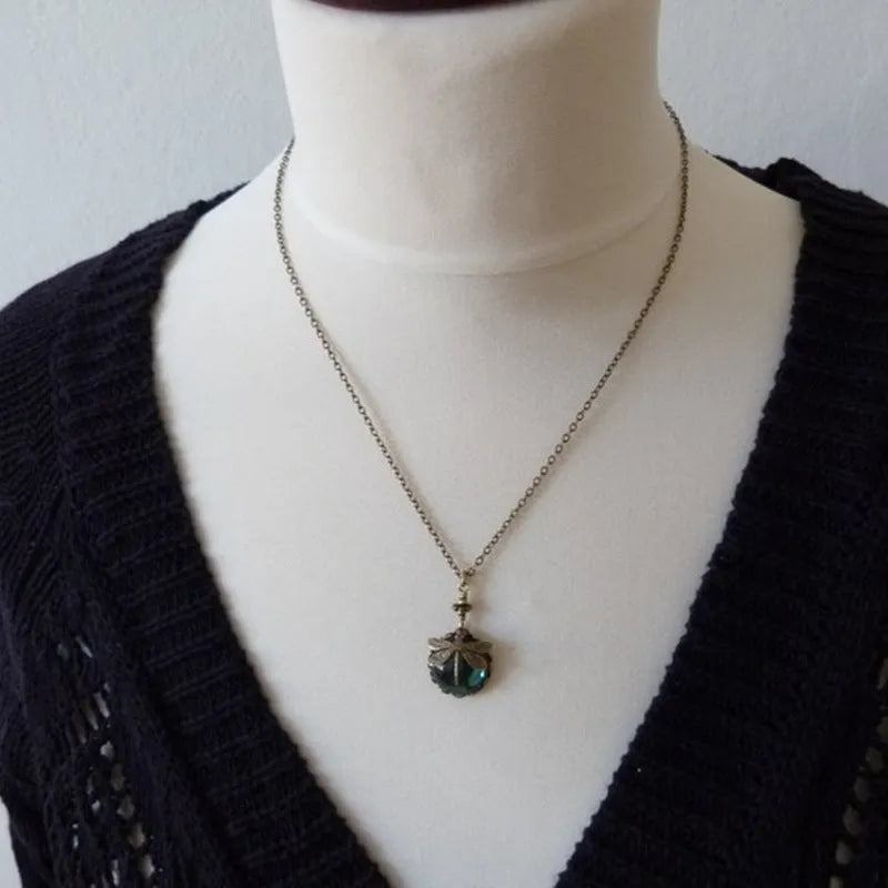 Vintage bronze hand carved dragonfly pendant necklace with 925 silver chain and yellow accents